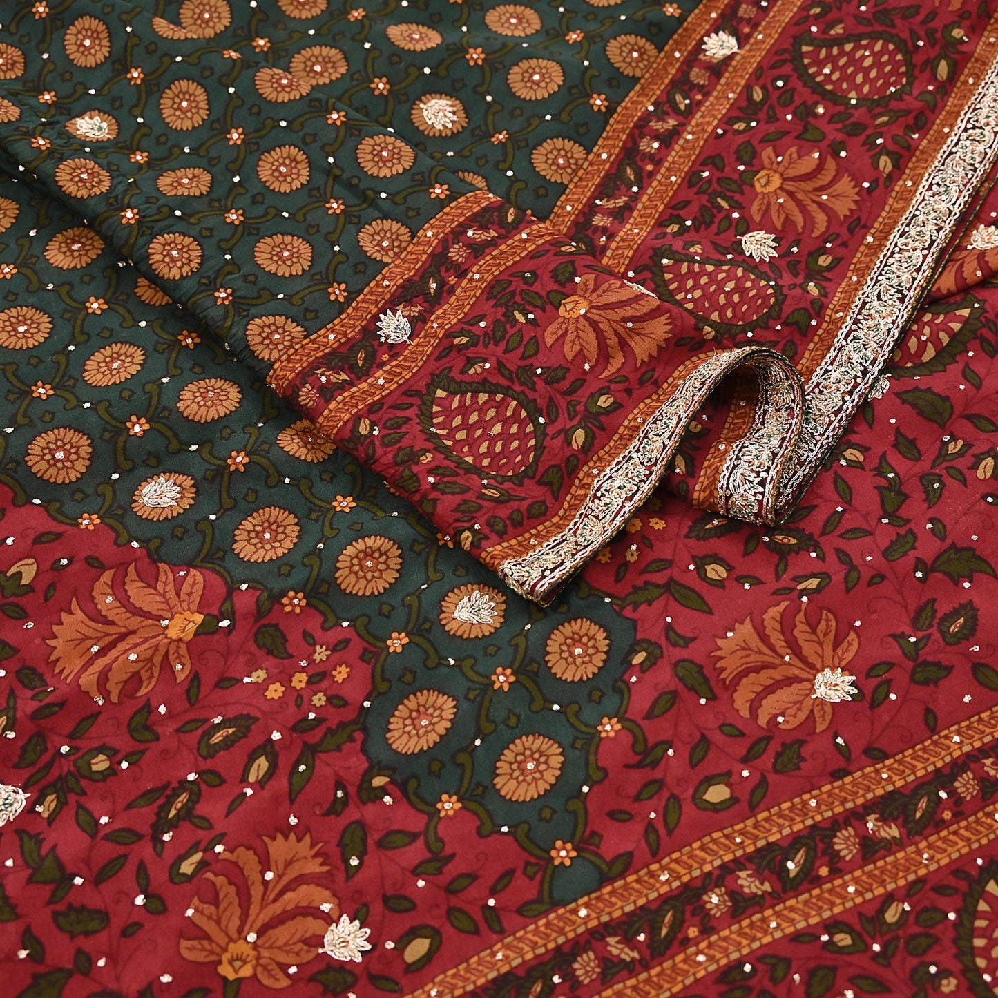 Indian Vintage Heavy Red & Green Dupatta Pure Silk Long Stole Hand Embroidered Designer By Ritu Kumar Scarves Scarf Zari Zardozi