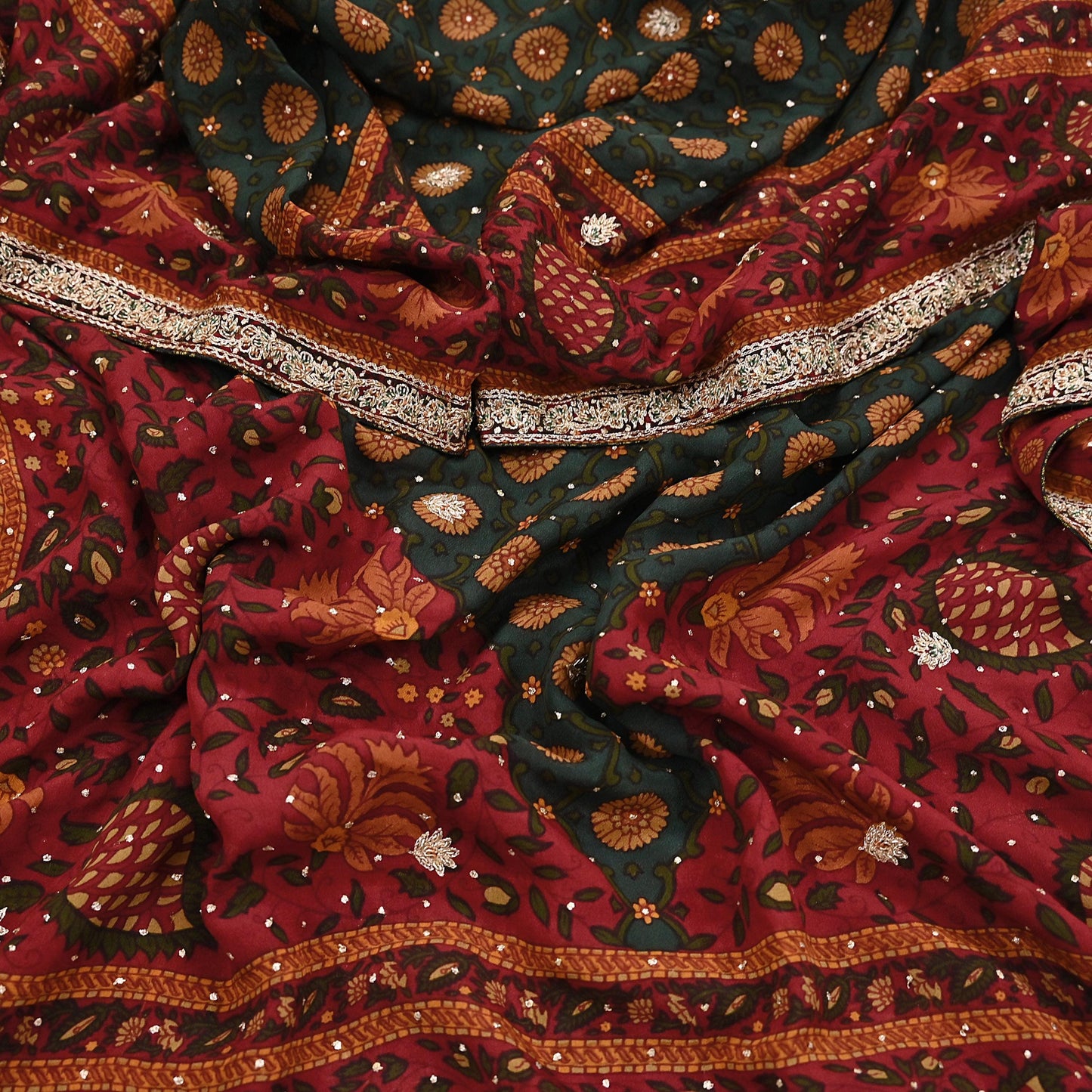 Indian Vintage Heavy Red & Green Dupatta Pure Silk Long Stole Hand Embroidered Designer By Ritu Kumar Scarves Scarf Zari Zardozi