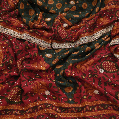Indian Vintage Heavy Red & Green Dupatta Pure Silk Long Stole Hand Embroidered Designer By Ritu Kumar Scarves Scarf Zari Zardozi