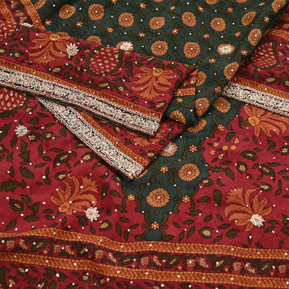 Indian Vintage Heavy Red & Green Dupatta Pure Silk Long Stole Hand Embroidered Designer By Ritu Kumar Scarves Scarf Zari Zardozi