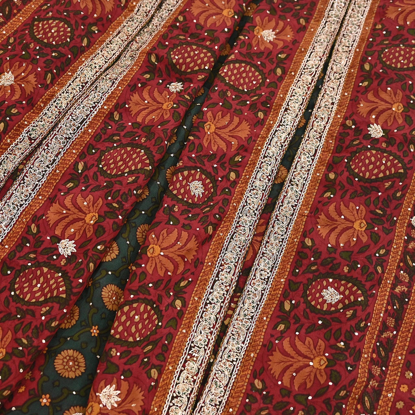 Indian Vintage Heavy Red & Green Dupatta Pure Silk Long Stole Hand Embroidered Designer By Ritu Kumar Scarves Scarf Zari Zardozi