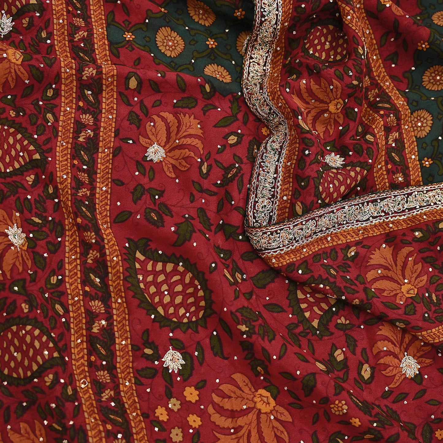 Indian Vintage Heavy Red & Green Dupatta Pure Silk Long Stole Hand Embroidered Designer By Ritu Kumar Scarves Scarf Zari Zardozi