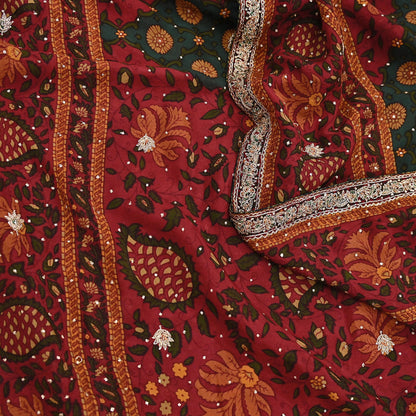 Indian Vintage Heavy Red & Green Dupatta Pure Silk Long Stole Hand Embroidered Designer By Ritu Kumar Scarves Scarf Zari Zardozi