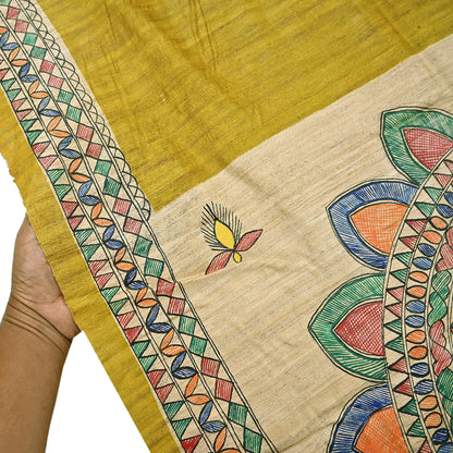 Indian Vintage Beige & Green Dupatta Pure Khadi silk Long Stole Hand Embroidered Scarves Floral Design Stole Veil Wrap
