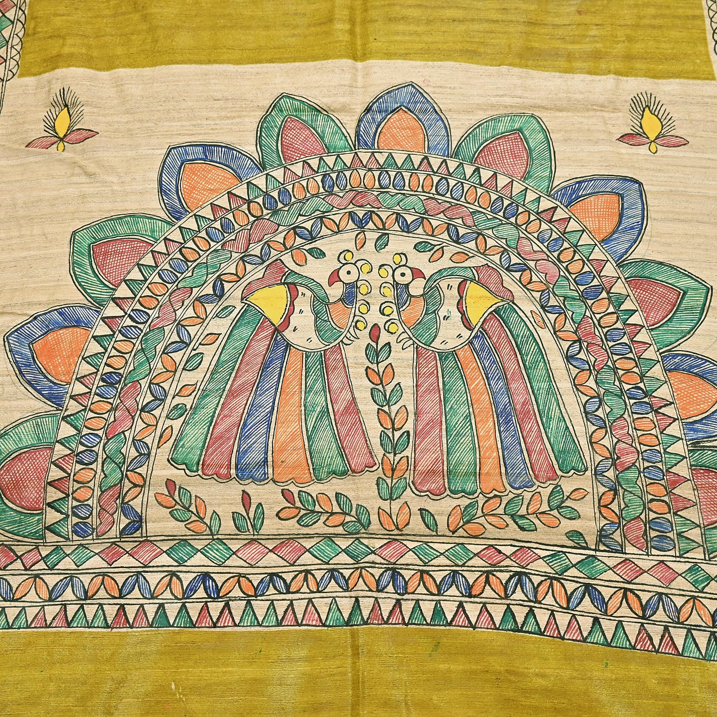 Indian Vintage Beige & Green Dupatta Pure Khadi silk Long Stole Hand Embroidered Scarves Floral Design Stole Veil Wrap