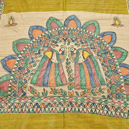 Indian Vintage Beige & Green Dupatta Pure Khadi silk Long Stole Hand Embroidered Scarves Floral Design Stole Veil Wrap