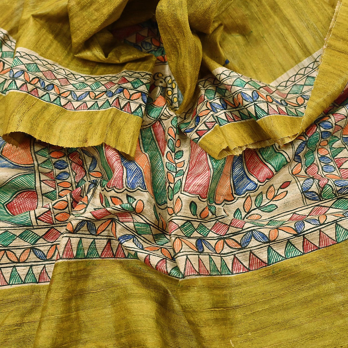 Indian Vintage Beige & Green Dupatta Pure Khadi silk Long Stole Hand Embroidered Scarves Floral Design Stole Veil Wrap
