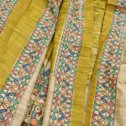 Indian Vintage Beige & Green Dupatta Pure Khadi silk Long Stole Hand Embroidered Scarves Floral Design Stole Veil Wrap