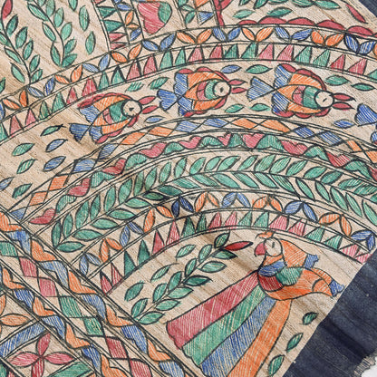 Indian Vintage Beige & Green Dupatta Pure Khadi silk Long Stole Hand Embroidered Scarves Floral Design Stole Veil Wrap