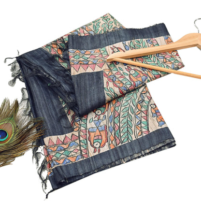 Indian Vintage Beige & Green Dupatta Pure Khadi silk Long Stole Hand Embroidered Scarves Floral Design Stole Veil Wrap