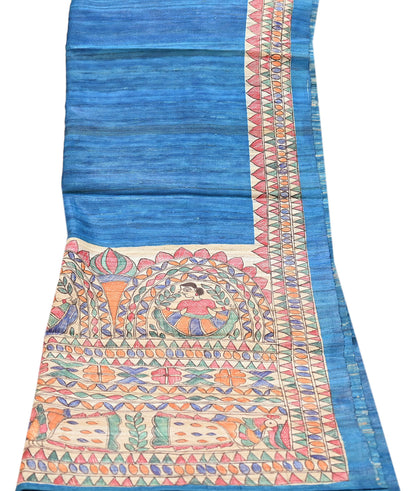 Indian Vintage Beige & Blue Dupatta Pure Khadi silk Long Stole Hand Embroidered Scarves Floral Design Stole Veil Wrap