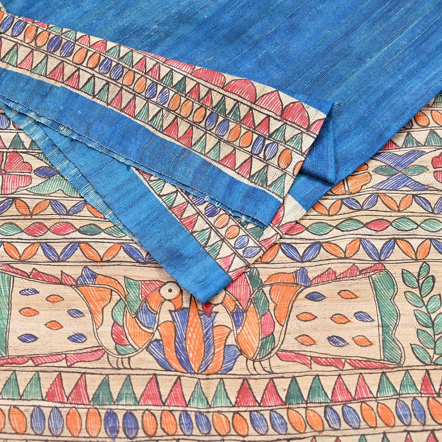 Indian Vintage Beige & Blue Dupatta Pure Khadi silk Long Stole Hand Embroidered Scarves Floral Design Stole Veil Wrap