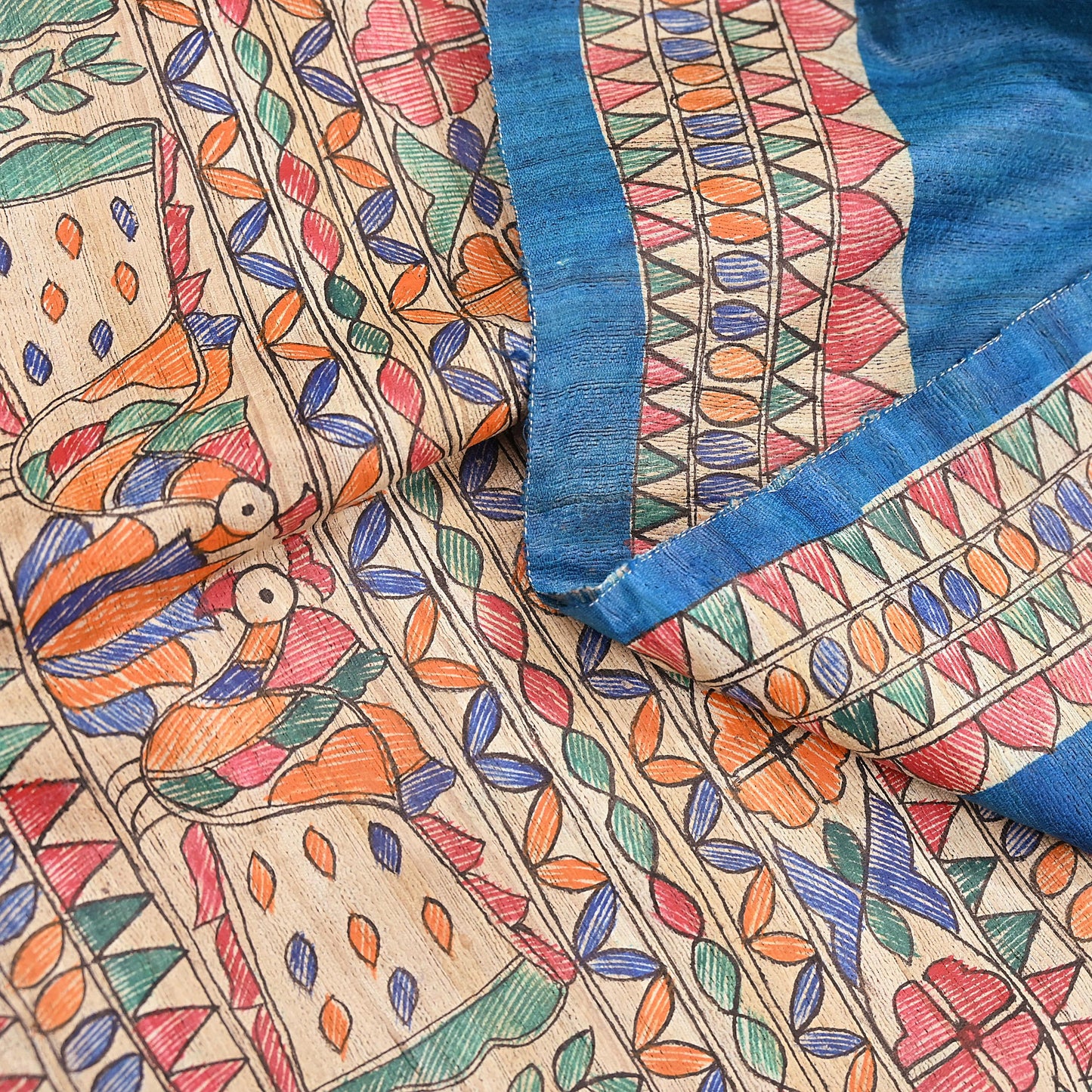 Indian Vintage Beige & Blue Dupatta Pure Khadi silk Long Stole Hand Embroidered Scarves Floral Design Stole Veil Wrap