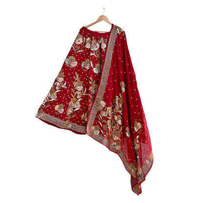 Indian Vintage Heavy Red Pure Georgette Silk Hand Embroidered Lehenga/Dupatta party Wear Zardozi/ Dabka, Zari