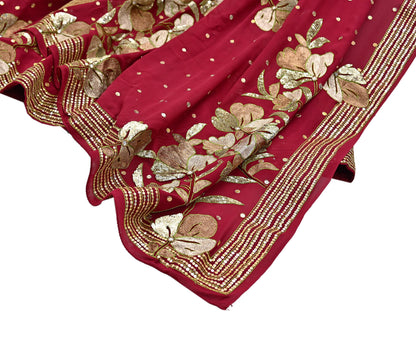 Indian Vintage Heavy Red Pure Georgette Silk Hand Embroidered Lehenga/Dupatta party Wear Zardozi/ Dabka, Zari