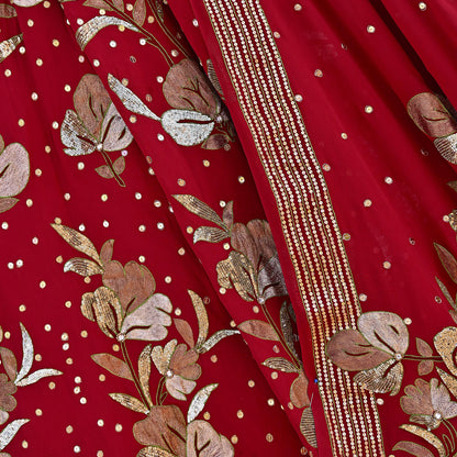 Indian Vintage Heavy Red Pure Georgette Silk Hand Embroidered Lehenga/Dupatta party Wear Zardozi/ Dabka, Zari