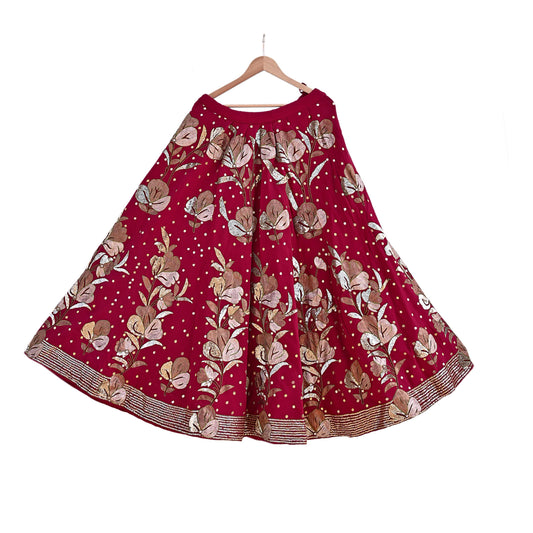 Indian Vintage Red Pure Georgette Silk Hand Embroidered Skirt Bridal Party Wear Bollywood Lehenga Zari