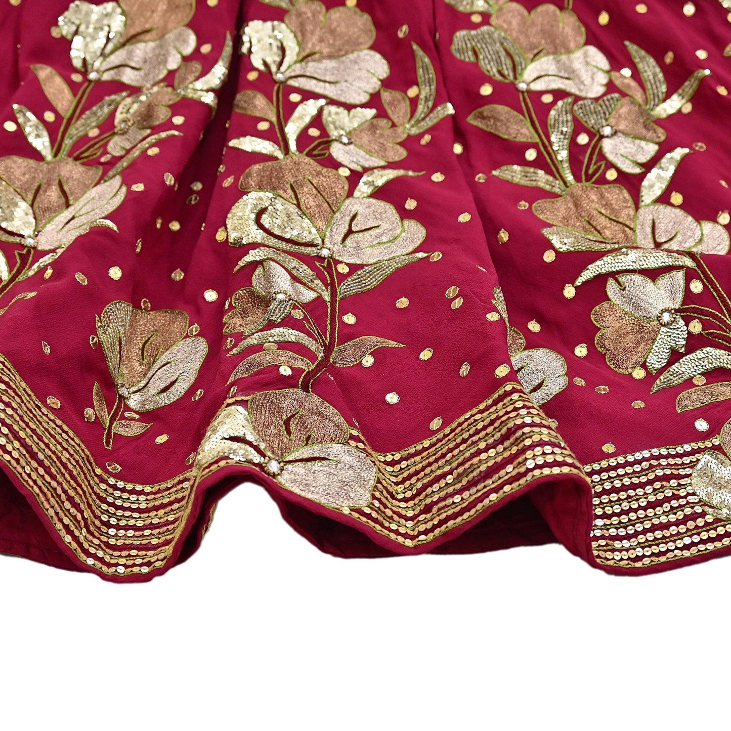 Indian Vintage Red Pure Georgette Silk Hand Embroidered Skirt Bridal Party Wear Bollywood Lehenga Zari