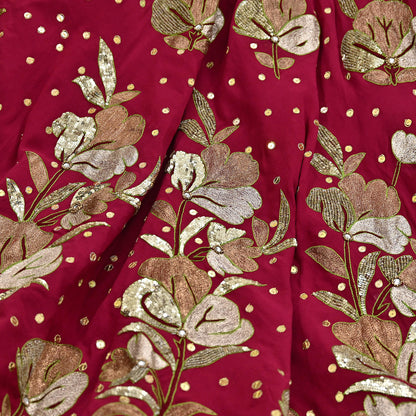 Indian Vintage Red Pure Georgette Silk Hand Embroidered Skirt Bridal Party Wear Bollywood Lehenga Zari