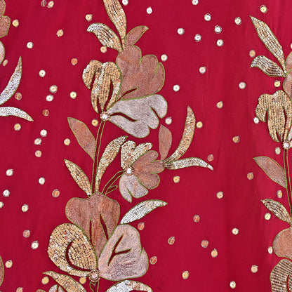 Indian Vintage Red Pure Georgette Silk Hand Embroidered Skirt Bridal Party Wear Bollywood Lehenga Zari