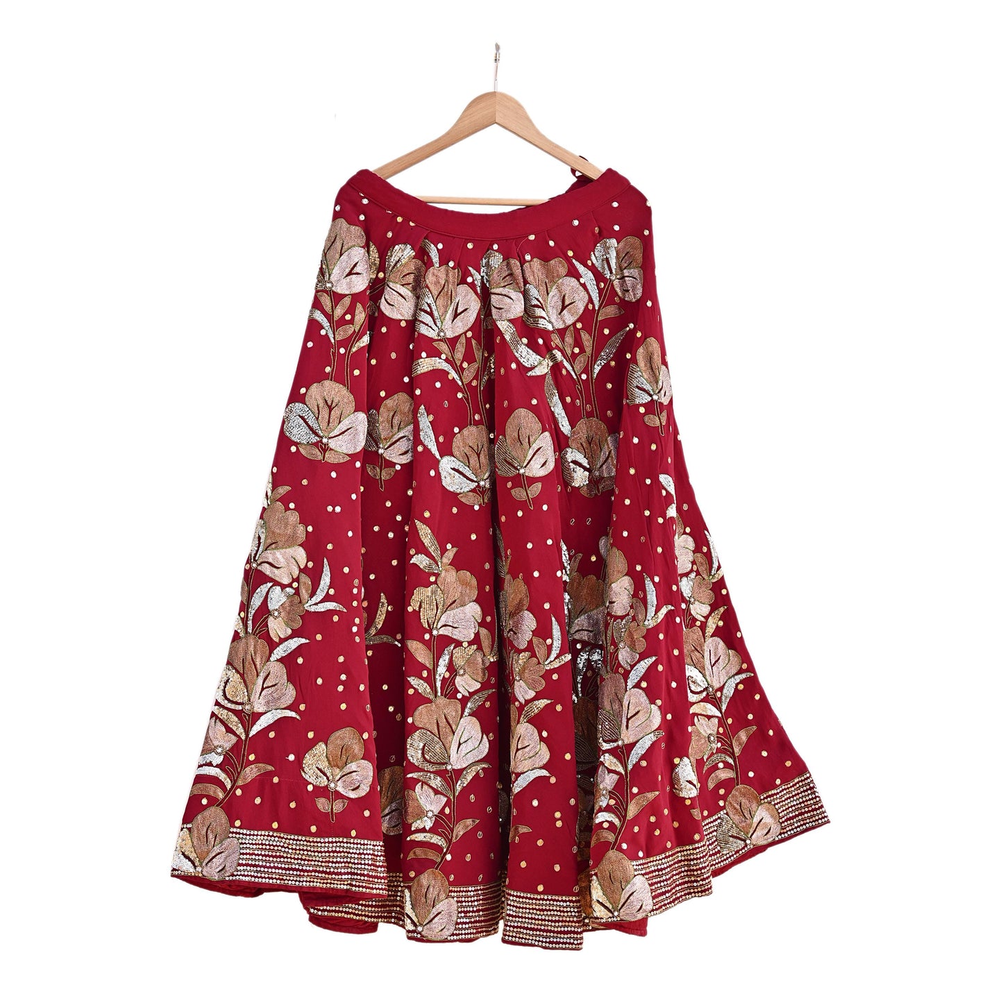 Indian Vintage Red Pure Georgette Silk Hand Embroidered Skirt Bridal Party Wear Bollywood Lehenga Zari