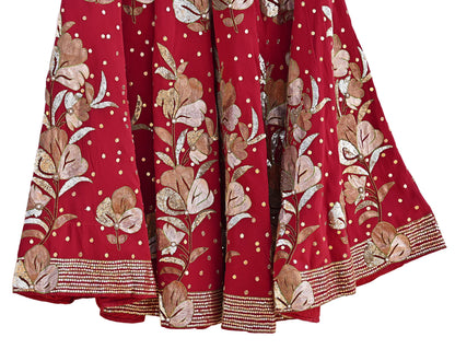 Indian Vintage Red Pure Georgette Silk Hand Embroidered Skirt Bridal Party Wear Bollywood Lehenga Zari