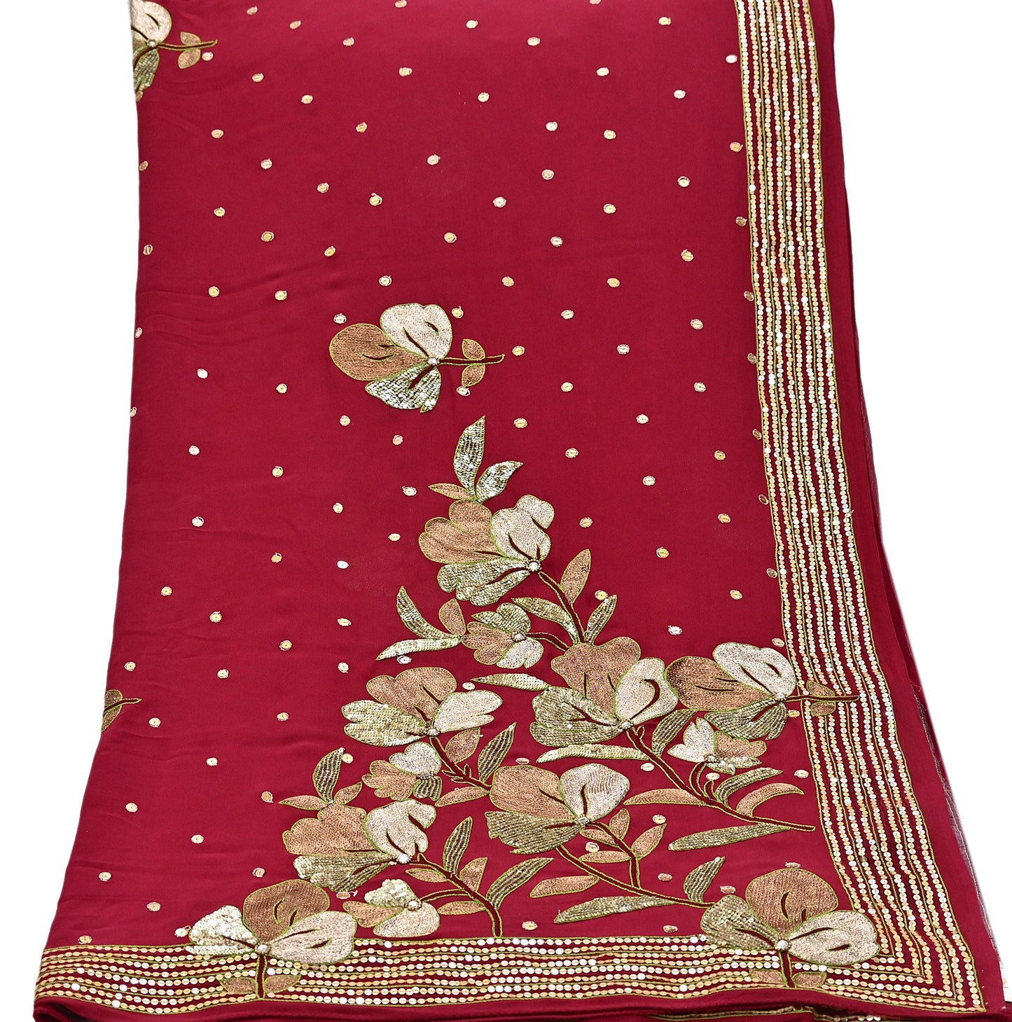Indian Vintage Heavy Red Dupatta Pure Georgette Silk Long Stole Hand Embroidered Scarves Glass Beaded