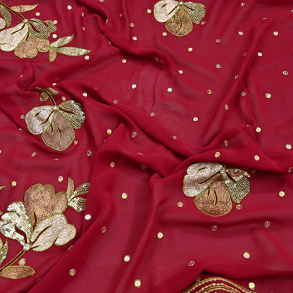 Indian Vintage Heavy Red Dupatta Pure Georgette Silk Long Stole Hand Embroidered Scarves Glass Beaded