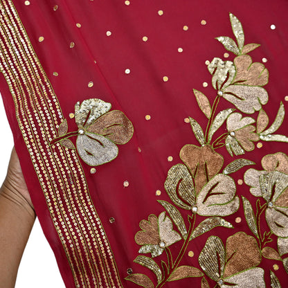 Indian Vintage Heavy Red Dupatta Pure Georgette Silk Long Stole Hand Embroidered Scarves Glass Beaded