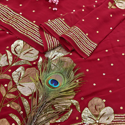Indian Vintage Heavy Red Dupatta Pure Georgette Silk Long Stole Hand Embroidered Scarves Glass Beaded