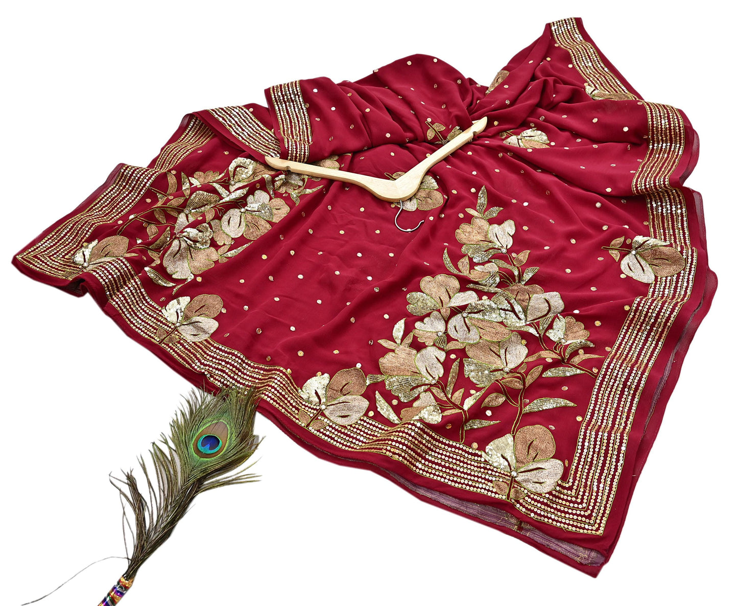 Indian Vintage Heavy Red Dupatta Pure Georgette Silk Long Stole Hand Embroidered Scarves Glass Beaded