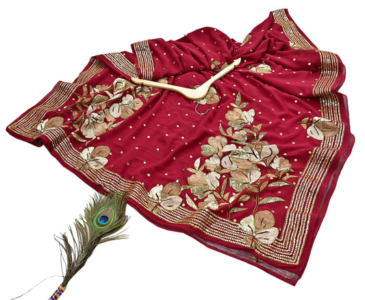 Indian Vintage Heavy Red Dupatta Pure Georgette Silk Long Stole Hand Embroidered Scarves Glass Beaded