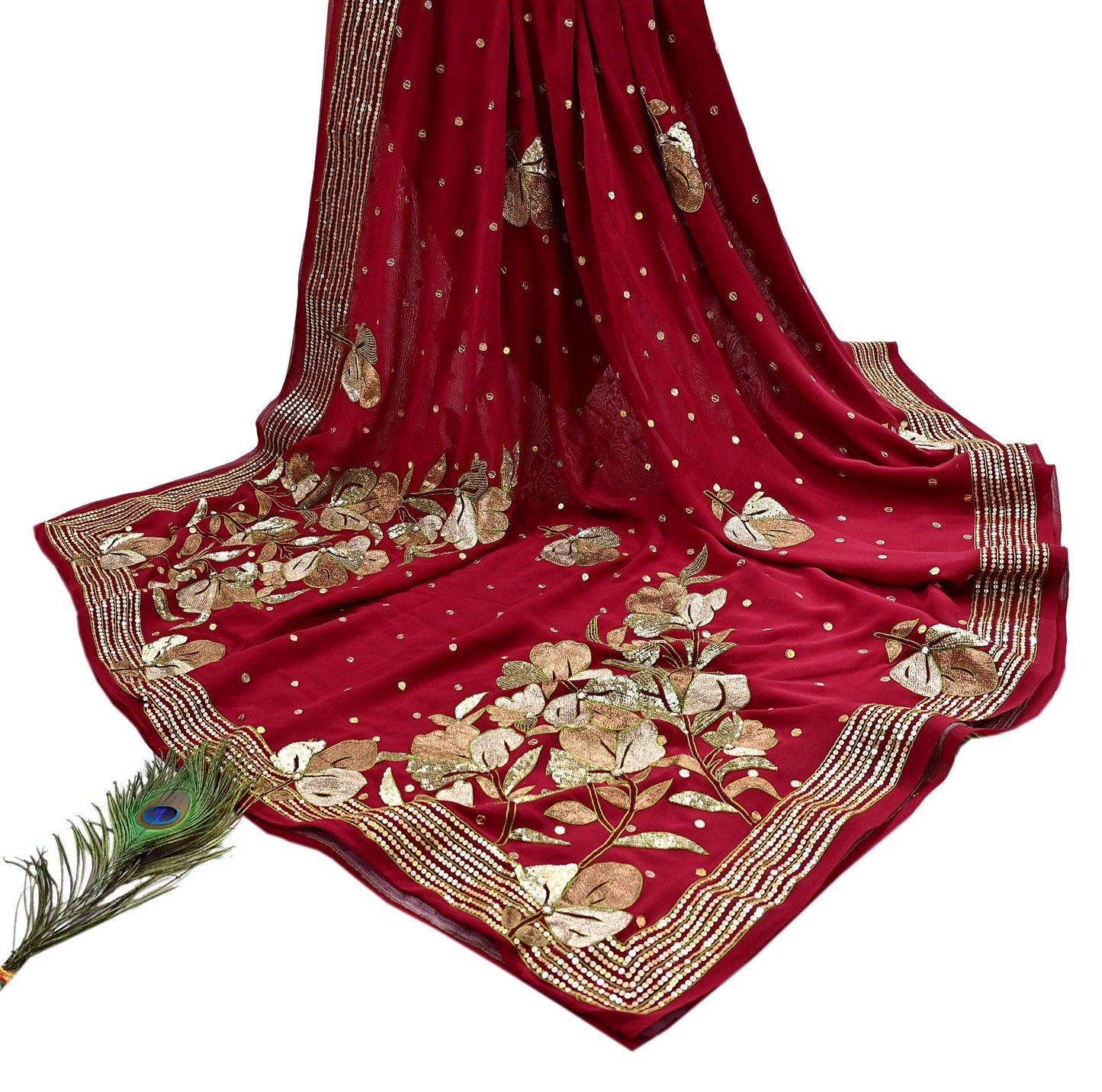 Indian Vintage Heavy Red Dupatta Pure Georgette Silk Long Stole Hand Embroidered Scarves Glass Beaded