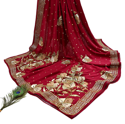 Indian Vintage Heavy Red Dupatta Pure Georgette Silk Long Stole Hand Embroidered Scarves Glass Beaded