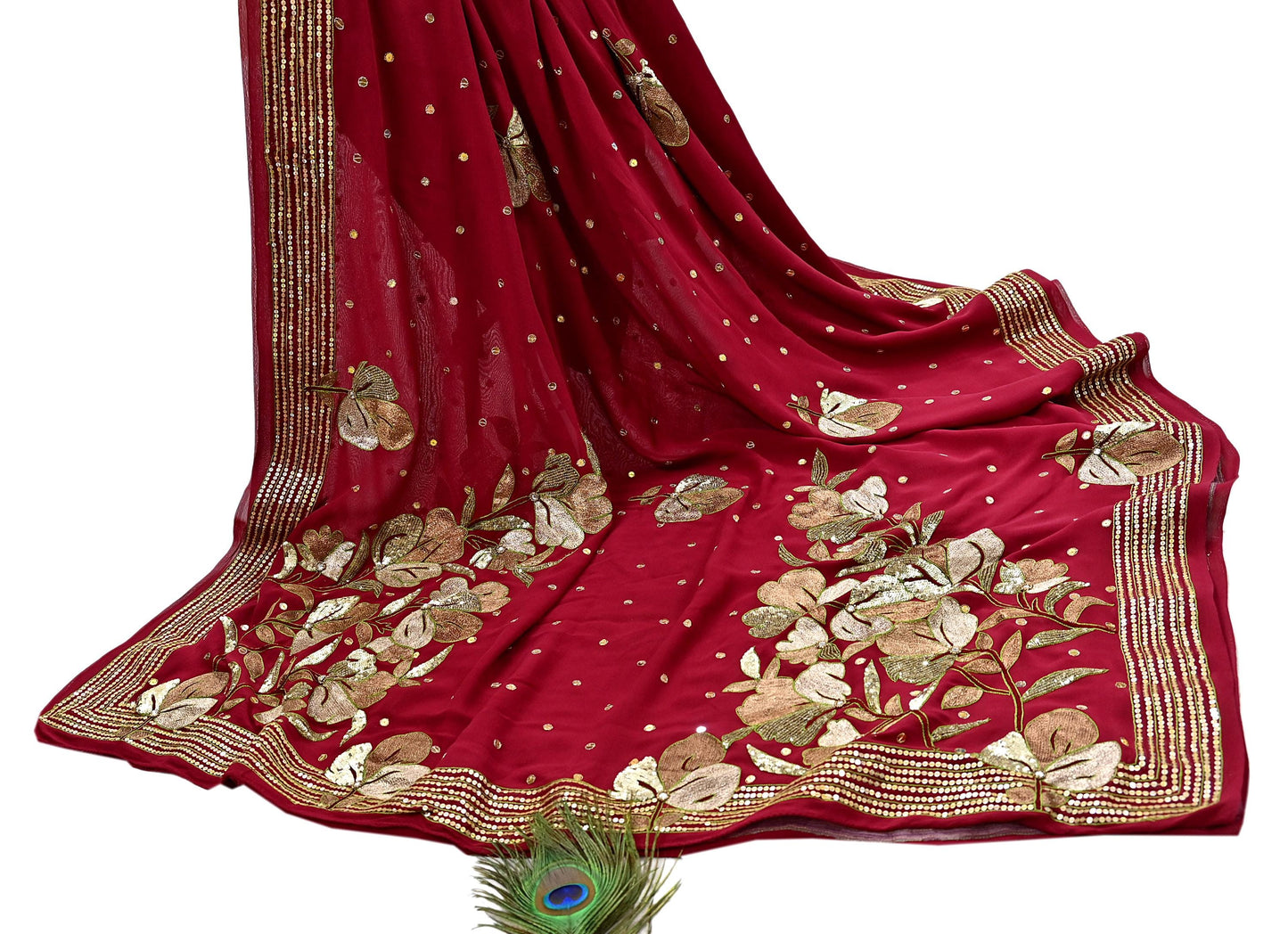 Indian Vintage Heavy Red Dupatta Pure Georgette Silk Long Stole Hand Embroidered Scarves Glass Beaded