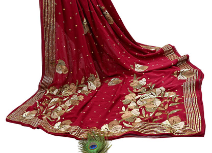 Indian Vintage Heavy Red Dupatta Pure Georgette Silk Long Stole Hand Embroidered Scarves Glass Beaded