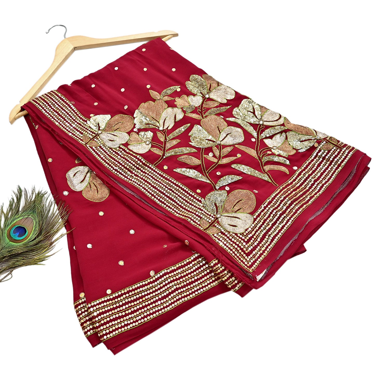 Indian Vintage Heavy Red Dupatta Pure Georgette Silk Long Stole Hand Embroidered Scarves Glass Beaded