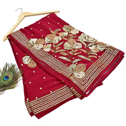Indian Vintage Heavy Red Dupatta Pure Georgette Silk Long Stole Hand Embroidered Scarves Glass Beaded