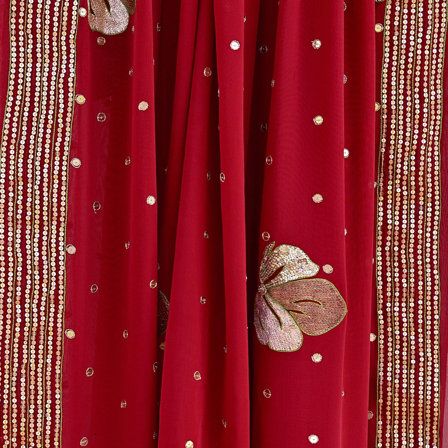 Indian Vintage Heavy Red Dupatta Pure Georgette Silk Long Stole Hand Embroidered Scarves Glass Beaded