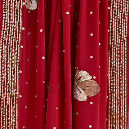 Indian Vintage Heavy Red Dupatta Pure Georgette Silk Long Stole Hand Embroidered Scarves Glass Beaded
