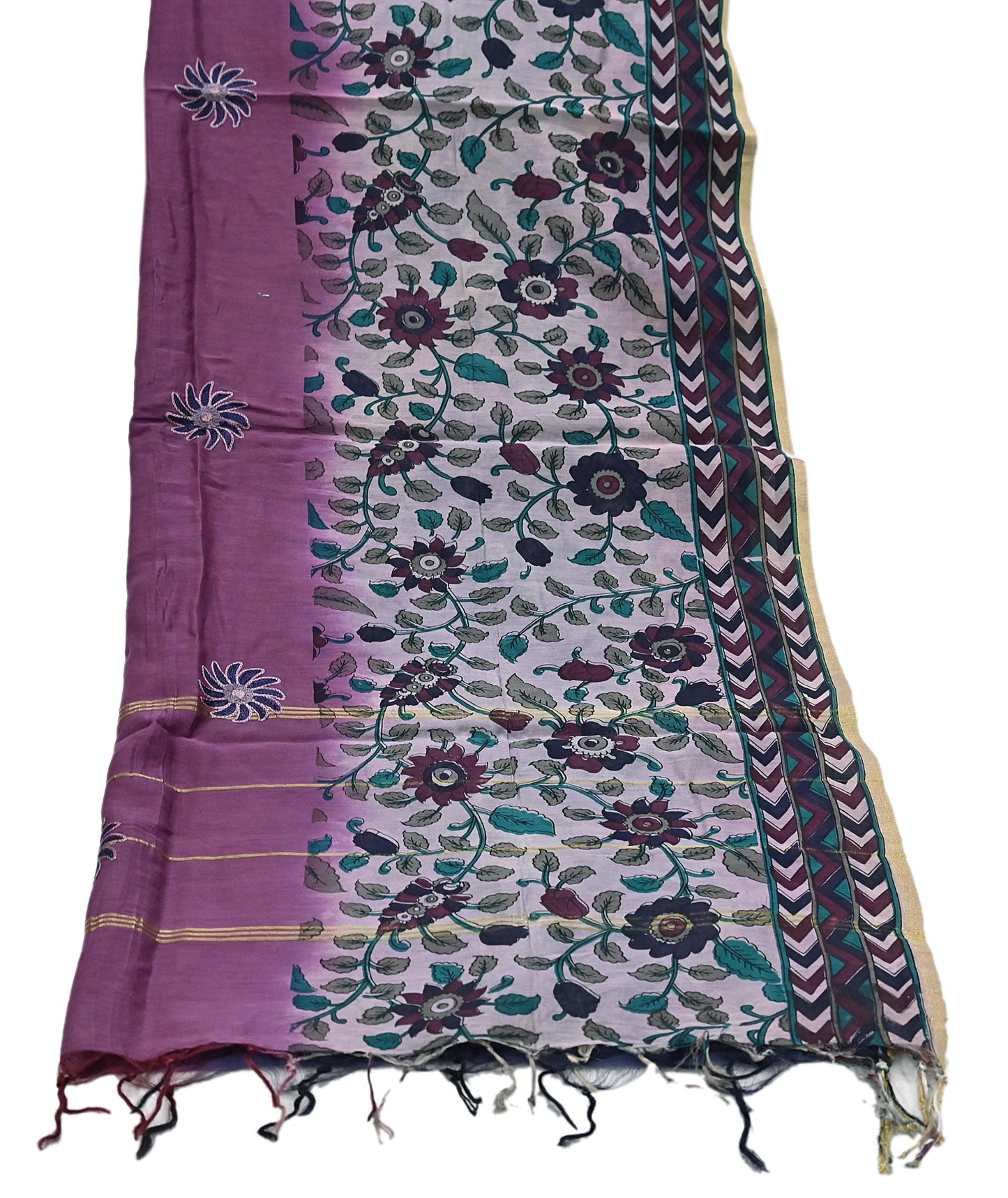 Indian Vintage Dupatta Long Stole Block Print Pure Chanderi Silk Scarves Veil Zari Wrap Hijab Fringes