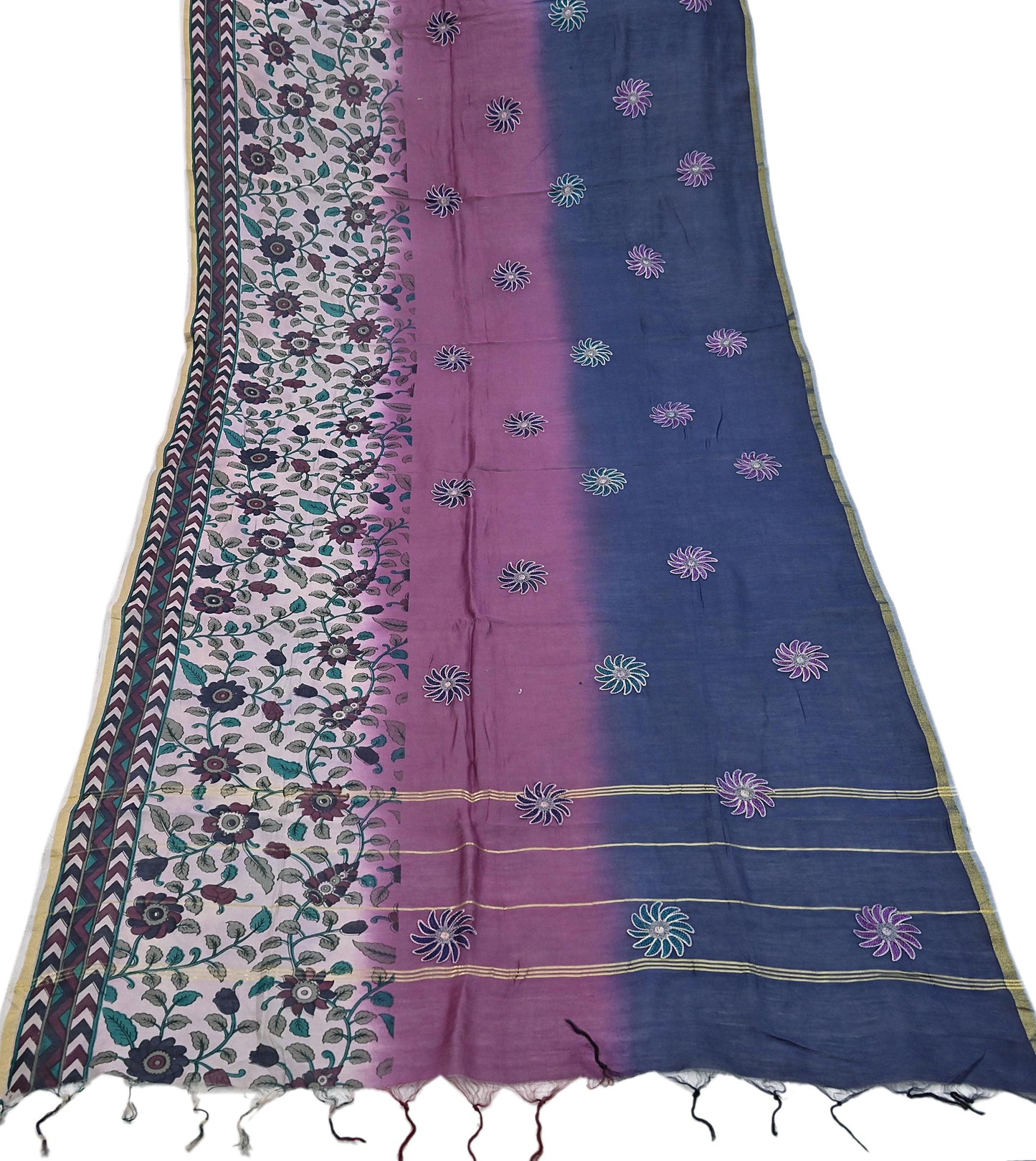 Indian Vintage Dupatta Long Stole Block Print Pure Chanderi Silk Scarves Veil Zari Wrap Hijab Fringes