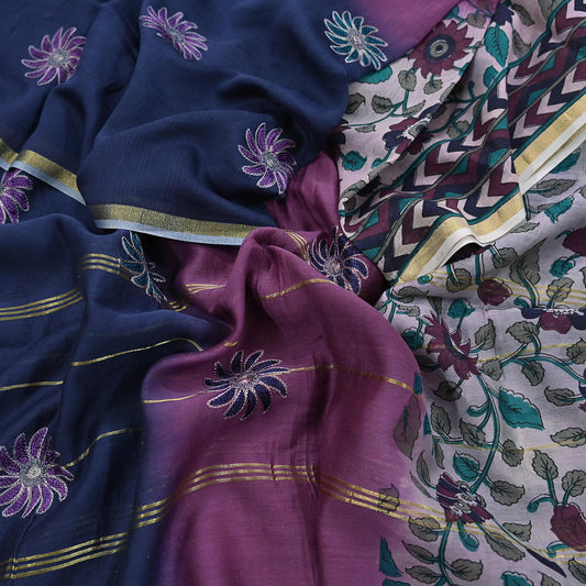 Indian Vintage Dupatta Long Stole Block Print Pure Chanderi Silk Scarves Veil Zari Wrap Hijab Fringes