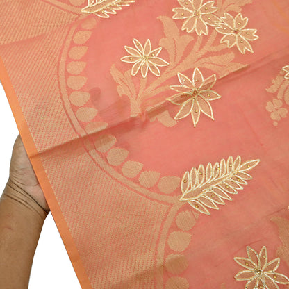 Indian Vintage Dupatta Peach Organza Long Stole Hand Embroidered Scarves Veil Zari Sequins