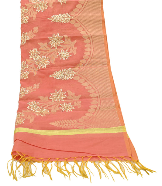 Indian Vintage Dupatta Peach Organza Long Stole Hand Embroidered Scarves Veil Zari Sequins