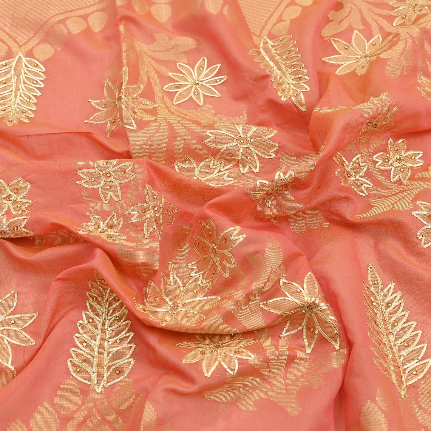 Indian Vintage Dupatta Peach Organza Long Stole Hand Embroidered Scarves Veil Zari Sequins