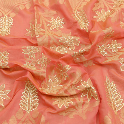 Indian Vintage Dupatta Peach Organza Long Stole Hand Embroidered Scarves Veil Zari Sequins