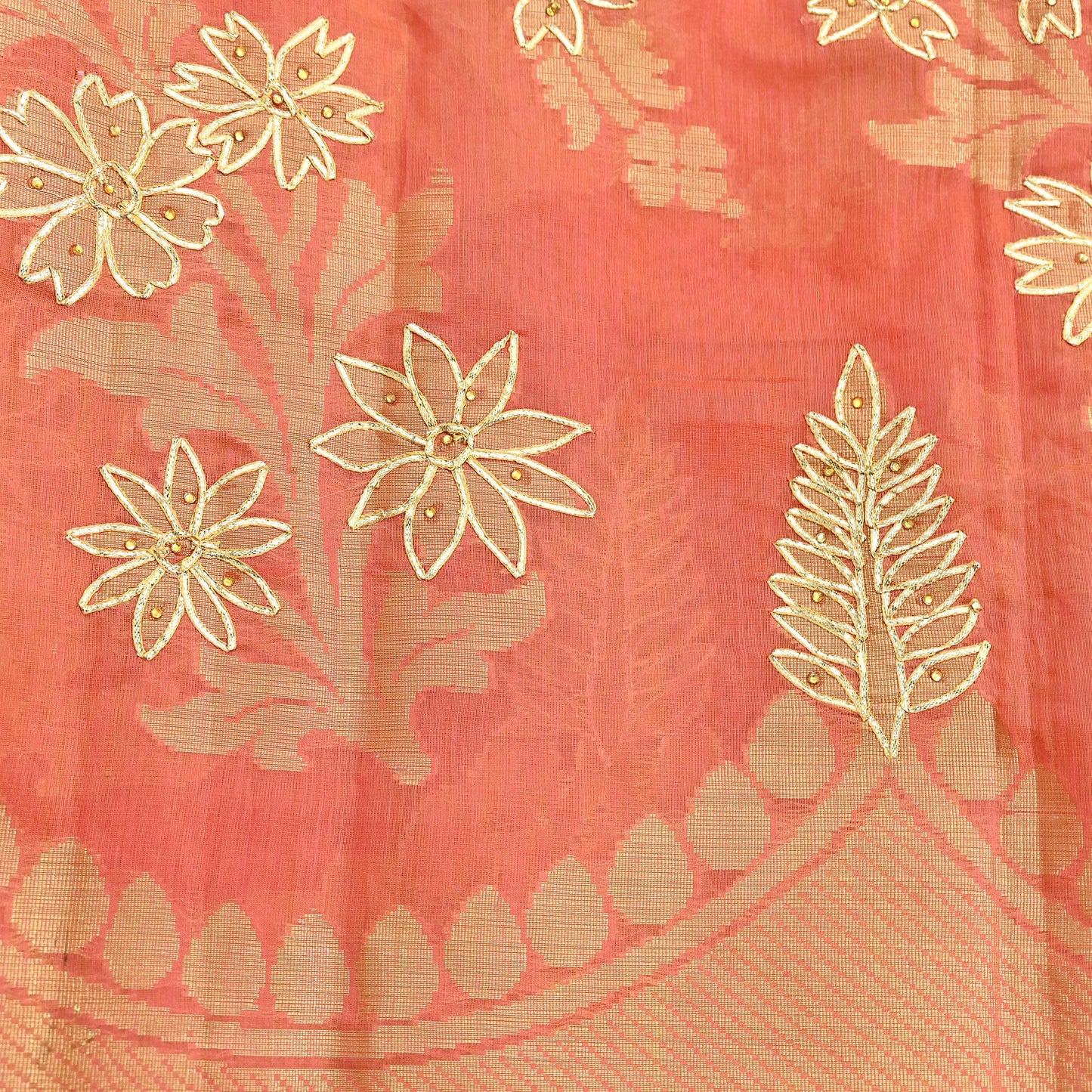 Indian Vintage Dupatta Peach Organza Long Stole Hand Embroidered Scarves Veil Zari Sequins