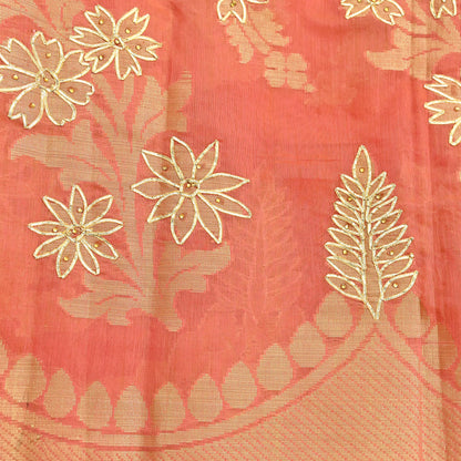 Indian Vintage Dupatta Peach Organza Long Stole Hand Embroidered Scarves Veil Zari Sequins