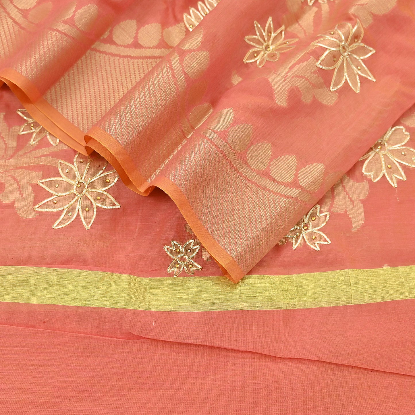 Indian Vintage Dupatta Peach Organza Long Stole Hand Embroidered Scarves Veil Zari Sequins